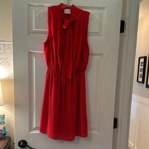 French Grey Vibrant Red Tie-Neck Mini Dress